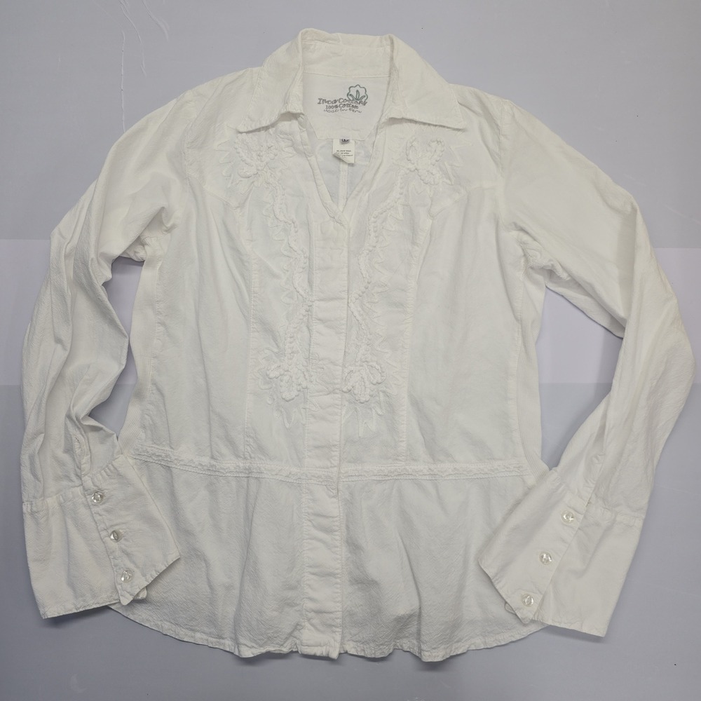 Inca Cottons White Embroidered Button‎ Front Blouse Top Large Peru Cotton LS